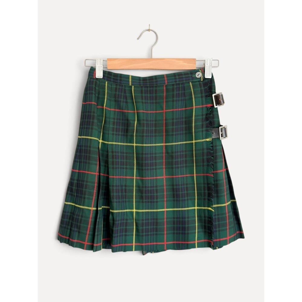 Florence Walsh Tartan Plaid Kilt Skirt Schoolgirl S Green Pleated Leather Buckle